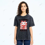 Unisex Japanese Vintage Fortune Cat Printed Washed Tee