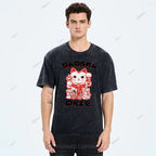 Unisex Japanese Vintage Fortune Cat Printed Washed Tee