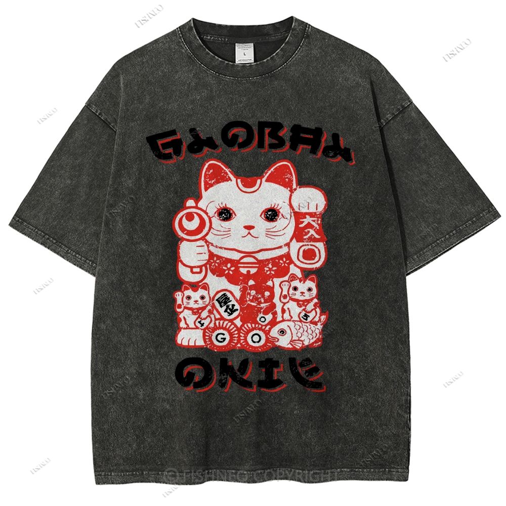 Unisex Japanese Vintage Fortune Cat Printed Washed Tee