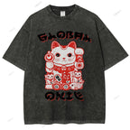 Unisex Japanese Vintage Fortune Cat Printed Washed Tee