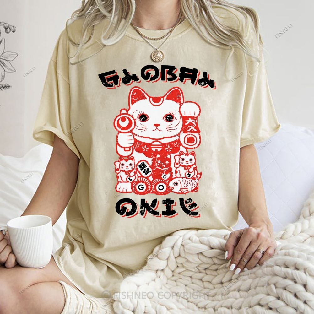 Unisex Japanese Vintage Fortune Cat Printed Washed Tee