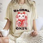 Unisex Japanese Vintage Fortune Cat Printed Washed Tee
