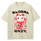 Unisex Japanese Vintage Fortune Cat Printed Washed Tee