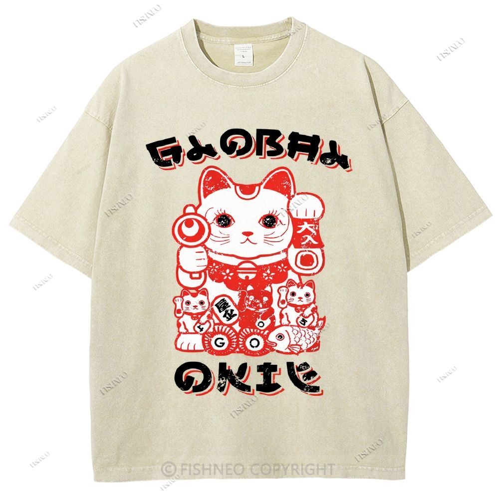 Unisex Japanese Vintage Fortune Cat Printed Washed Tee