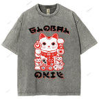 Unisex Japanese Vintage Fortune Cat Printed Washed Tee