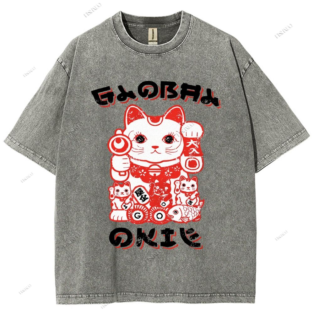 Unisex Japanese Vintage Fortune Cat Printed Washed Tee