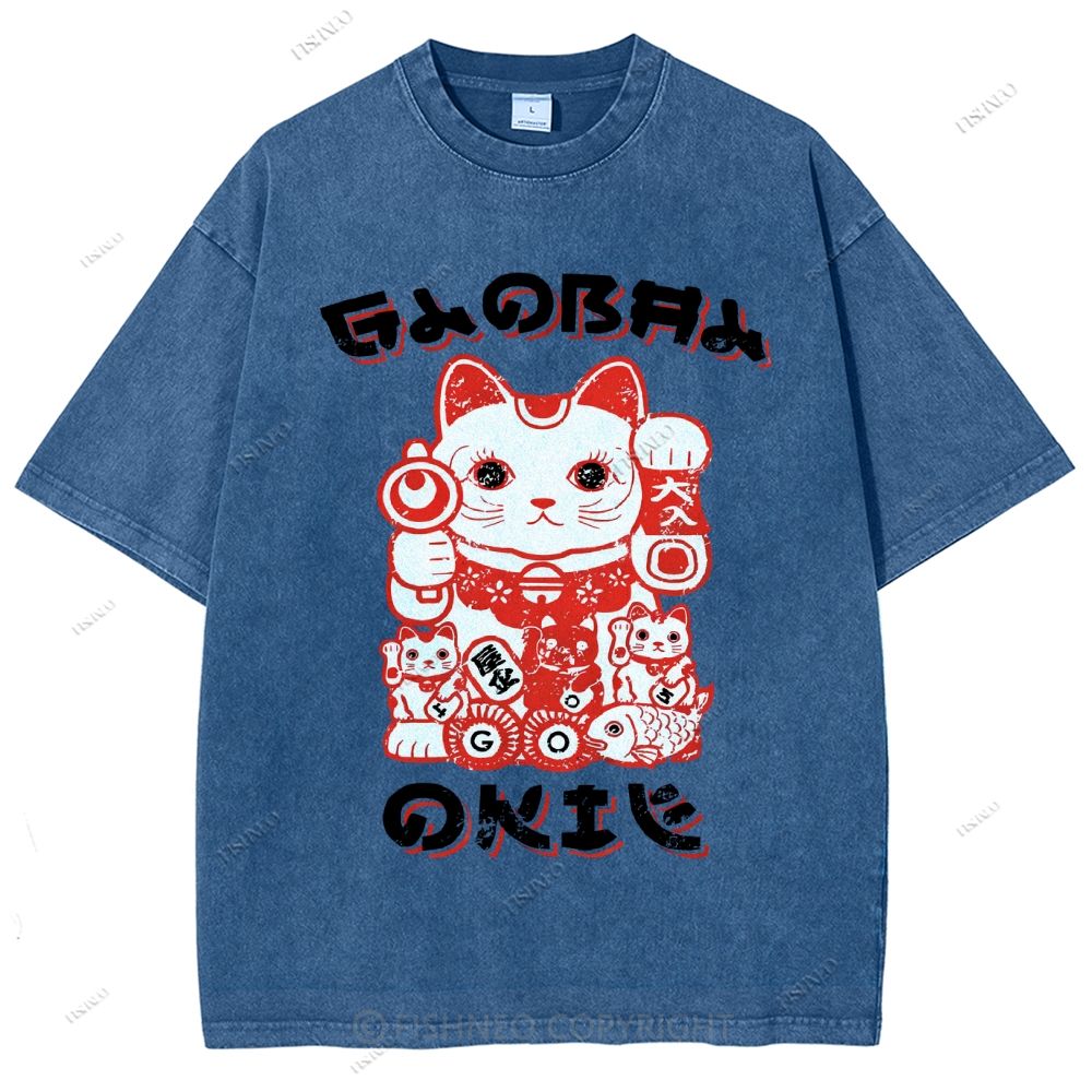 Unisex Japanese Vintage Fortune Cat Printed Washed Tee