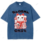 Unisex Japanese Vintage Fortune Cat Printed Washed Tee