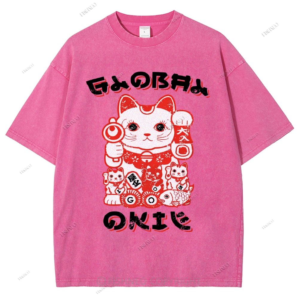 Unisex Japanese Vintage Fortune Cat Printed Washed Tee