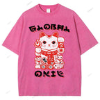 Unisex Japanese Vintage Fortune Cat Printed Washed Tee