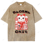 Unisex Japanese Vintage Fortune Cat Printed Washed Tee