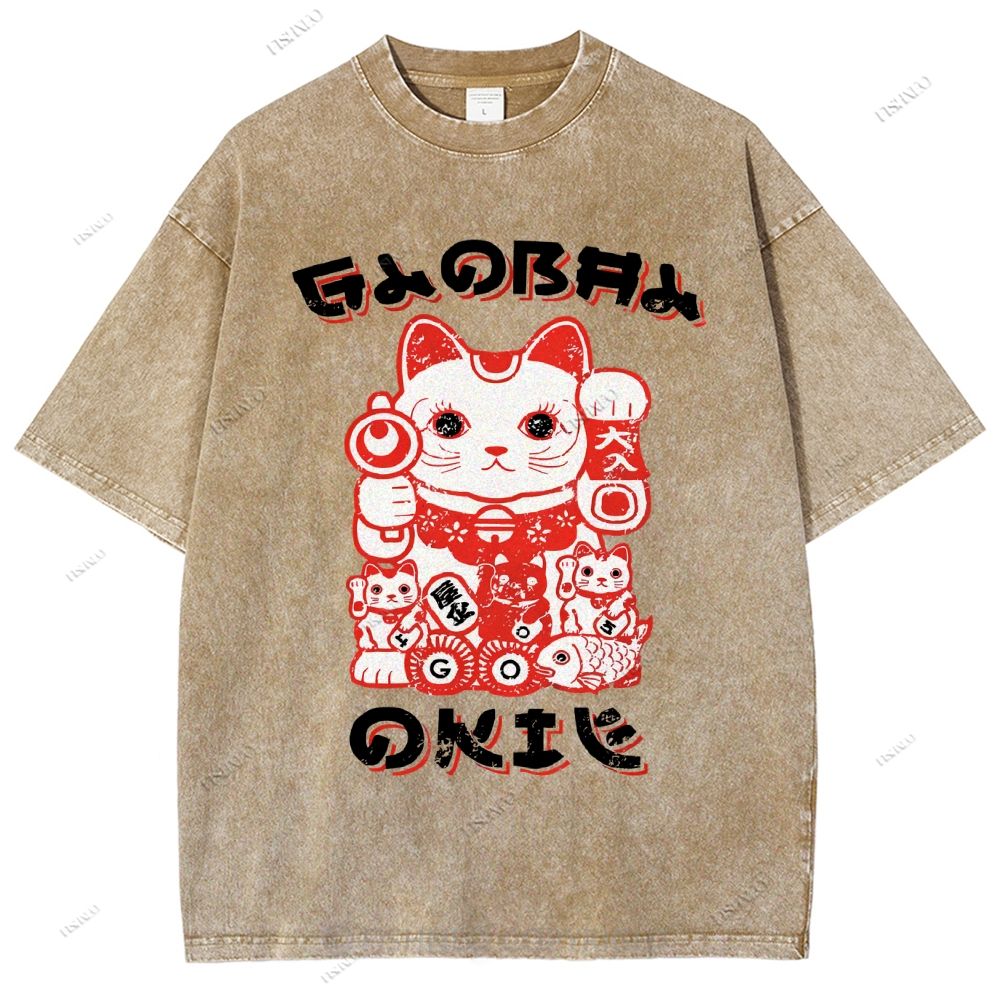 Unisex Japanese Vintage Fortune Cat Printed Washed Tee