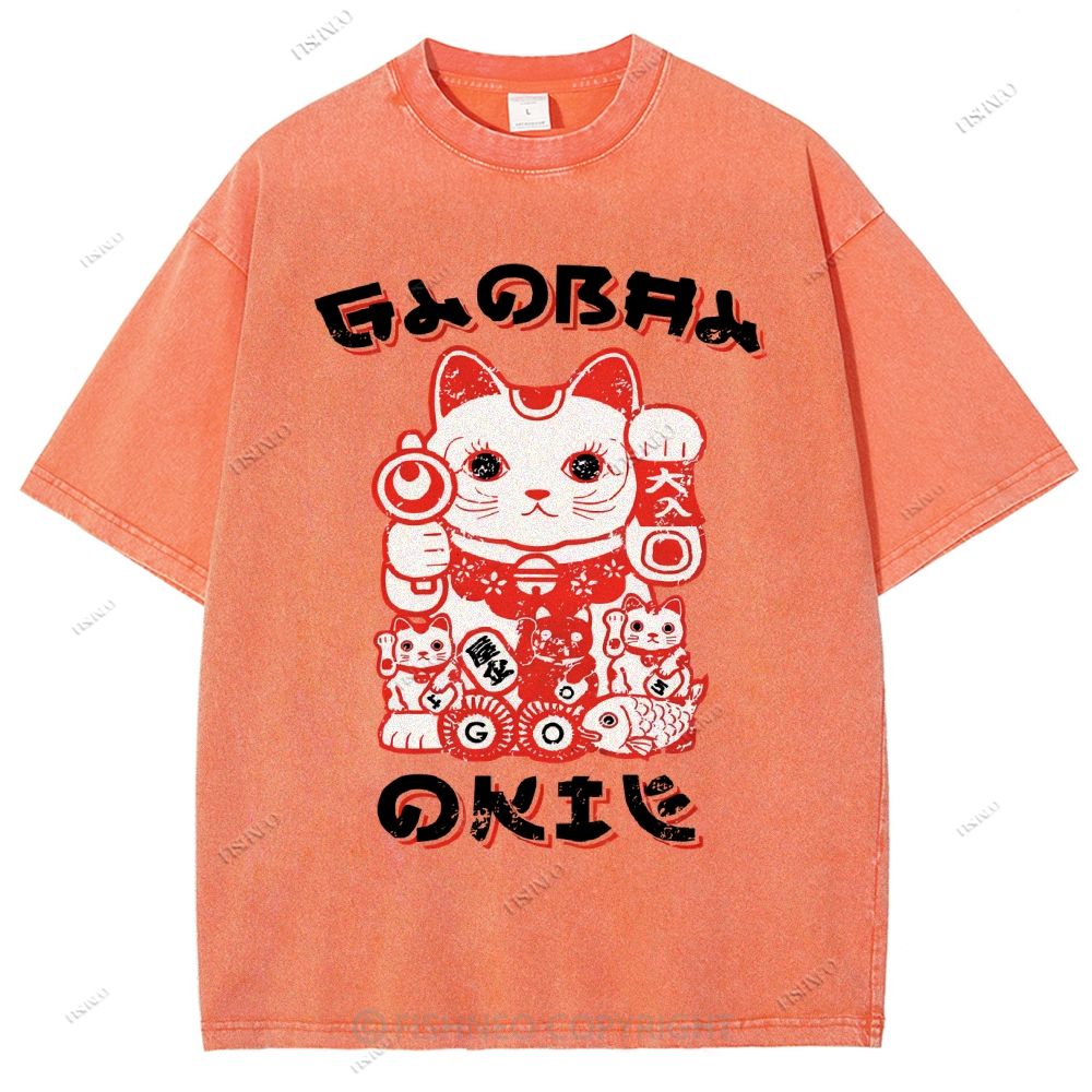 Unisex Japanese Vintage Fortune Cat Printed Washed Tee