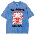 Unisex Japanese Vintage Fortune Cat Printed Washed Tee