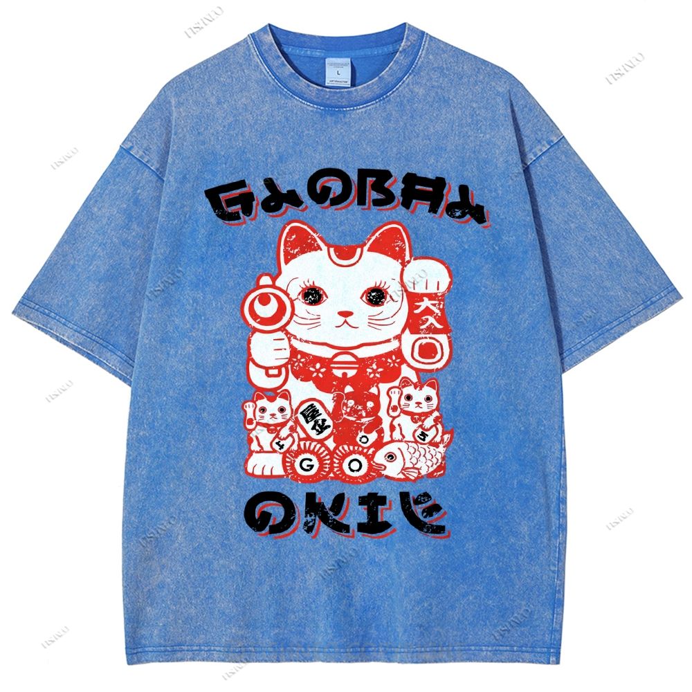 Unisex Japanese Vintage Fortune Cat Printed Washed Tee