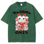 Unisex Japanese Vintage Fortune Cat Printed Washed Tee