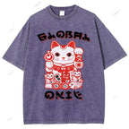 Unisex Japanese Vintage Fortune Cat Printed Washed Tee