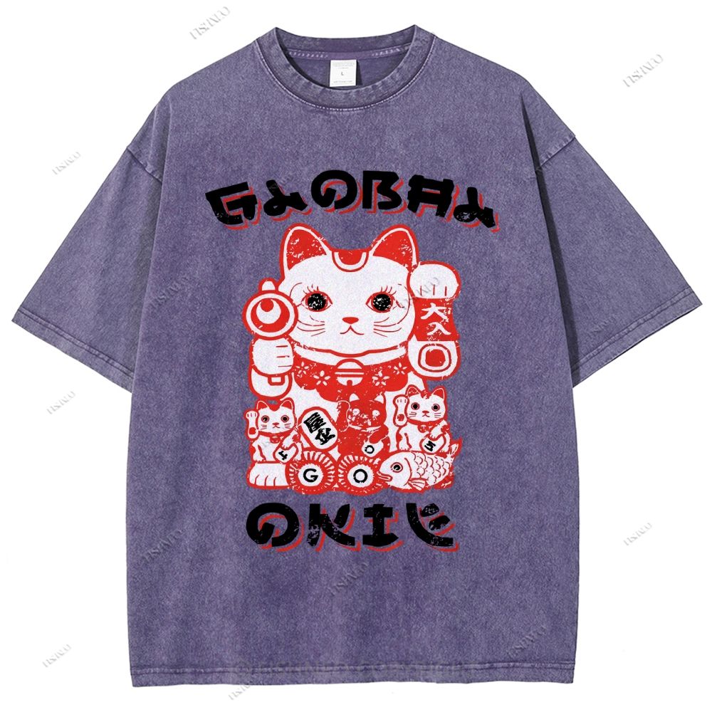 Unisex Japanese Vintage Fortune Cat Printed Washed Tee
