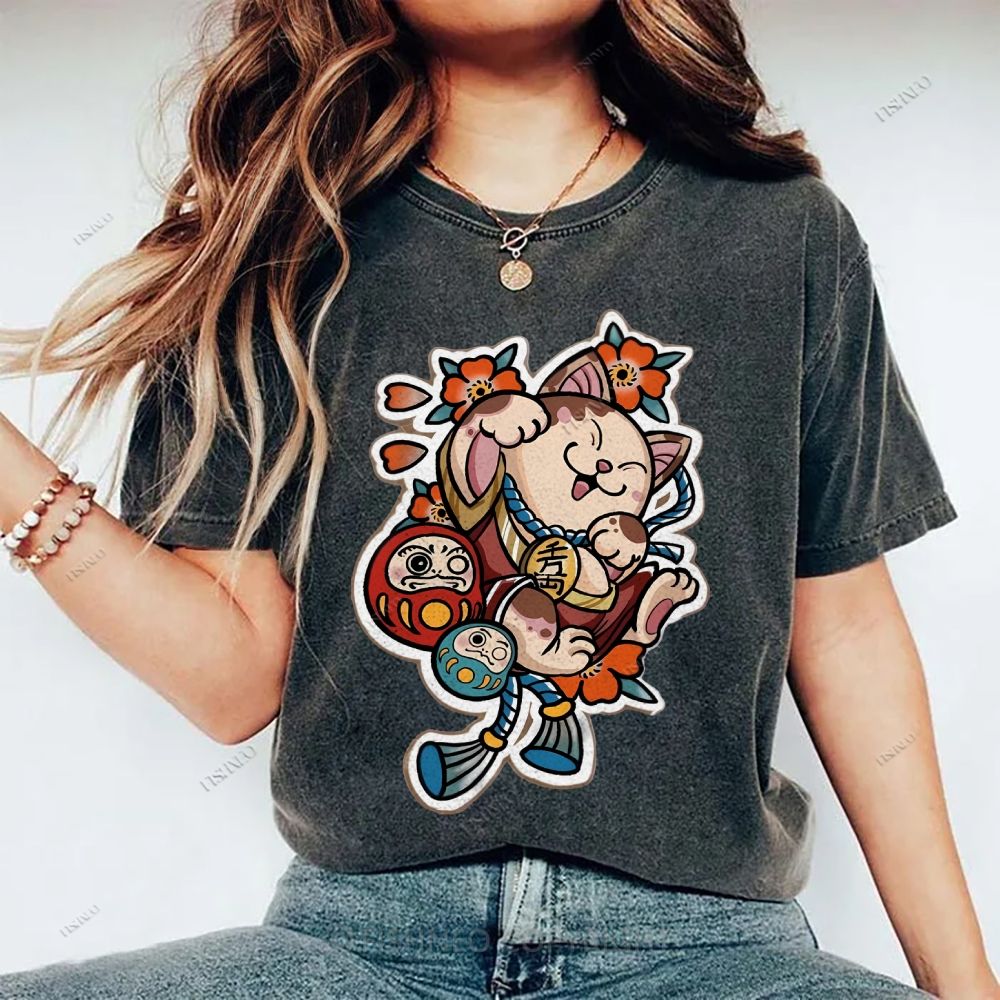 Unisex Japanese Art Bodhidharma Cat Printed Washed Tee