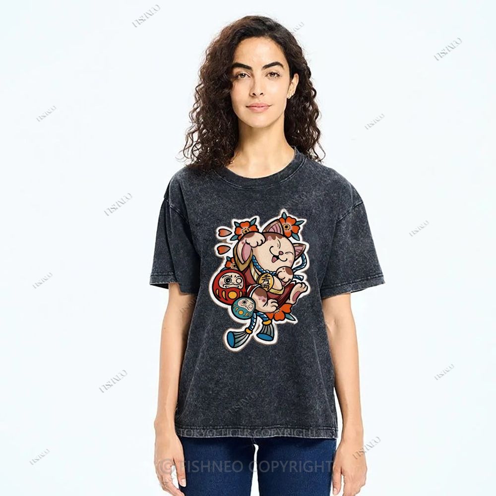 Unisex Japanese Art Bodhidharma Cat Printed Washed Tee