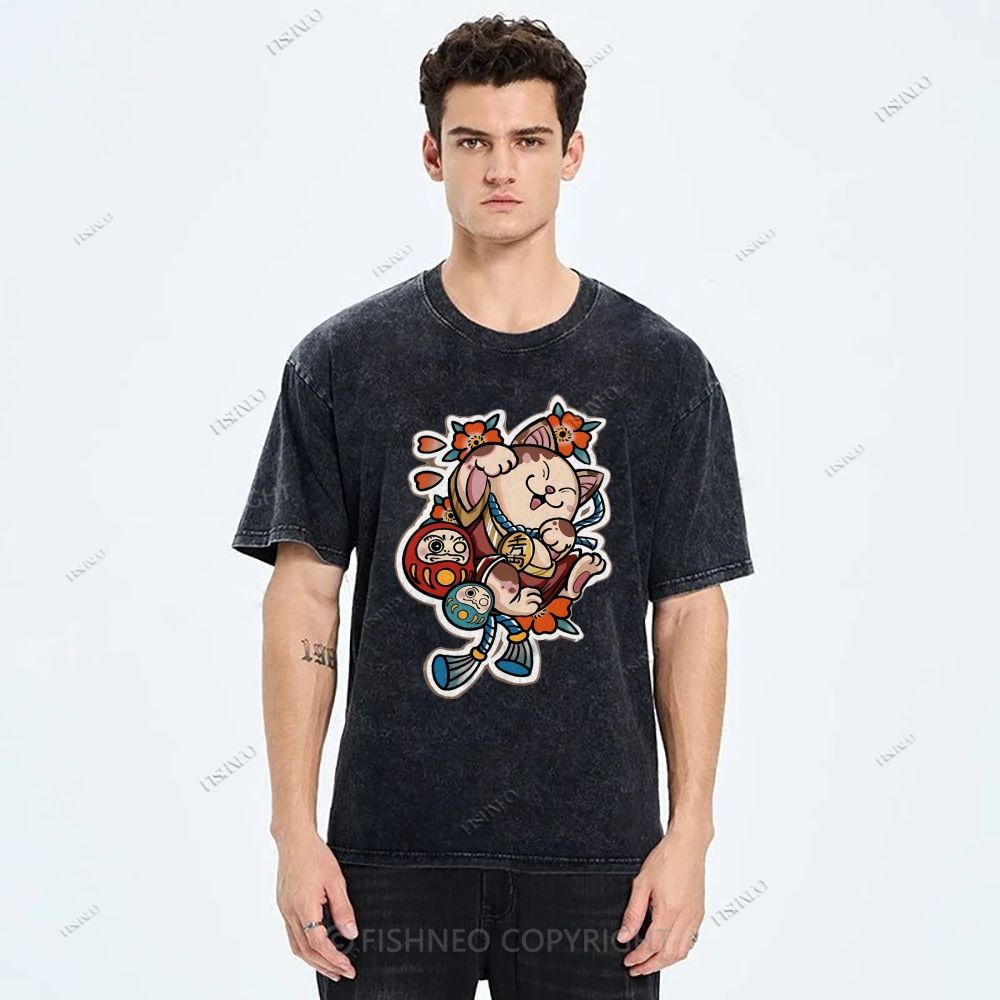 Unisex Japanese Art Bodhidharma Cat Printed Washed Tee