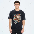 Unisex Japanese Art Bodhidharma Cat Printed Washed Tee