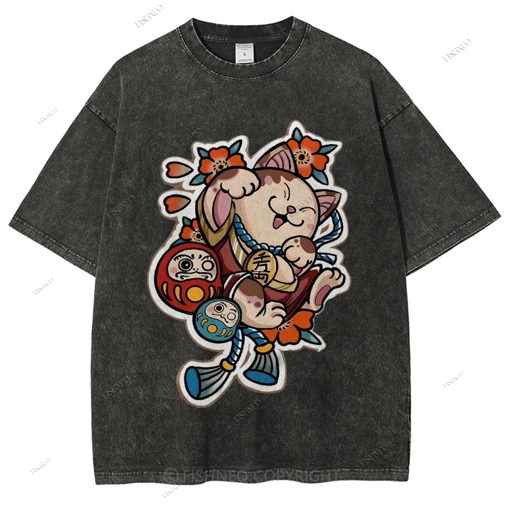 Unisex Japanese Art Bodhidharma Cat Printed Washed Tee