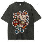 Unisex Japanese Art Bodhidharma Cat Printed Washed Tee
