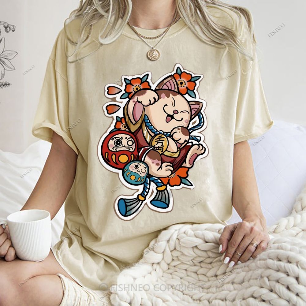 Unisex Japanese Art Bodhidharma Cat Printed Washed Tee