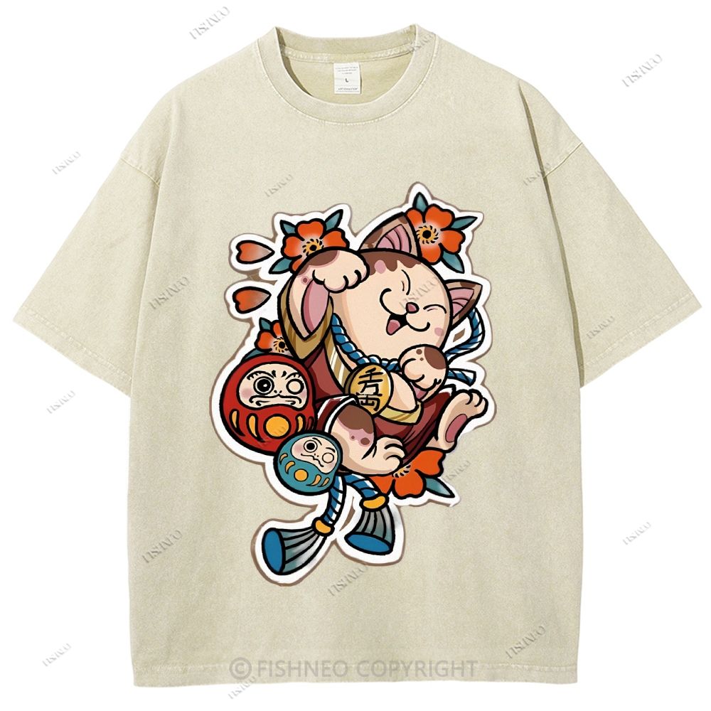 Unisex Japanese Art Bodhidharma Cat Printed Washed Tee