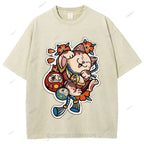 Unisex Japanese Art Bodhidharma Cat Printed Washed Tee