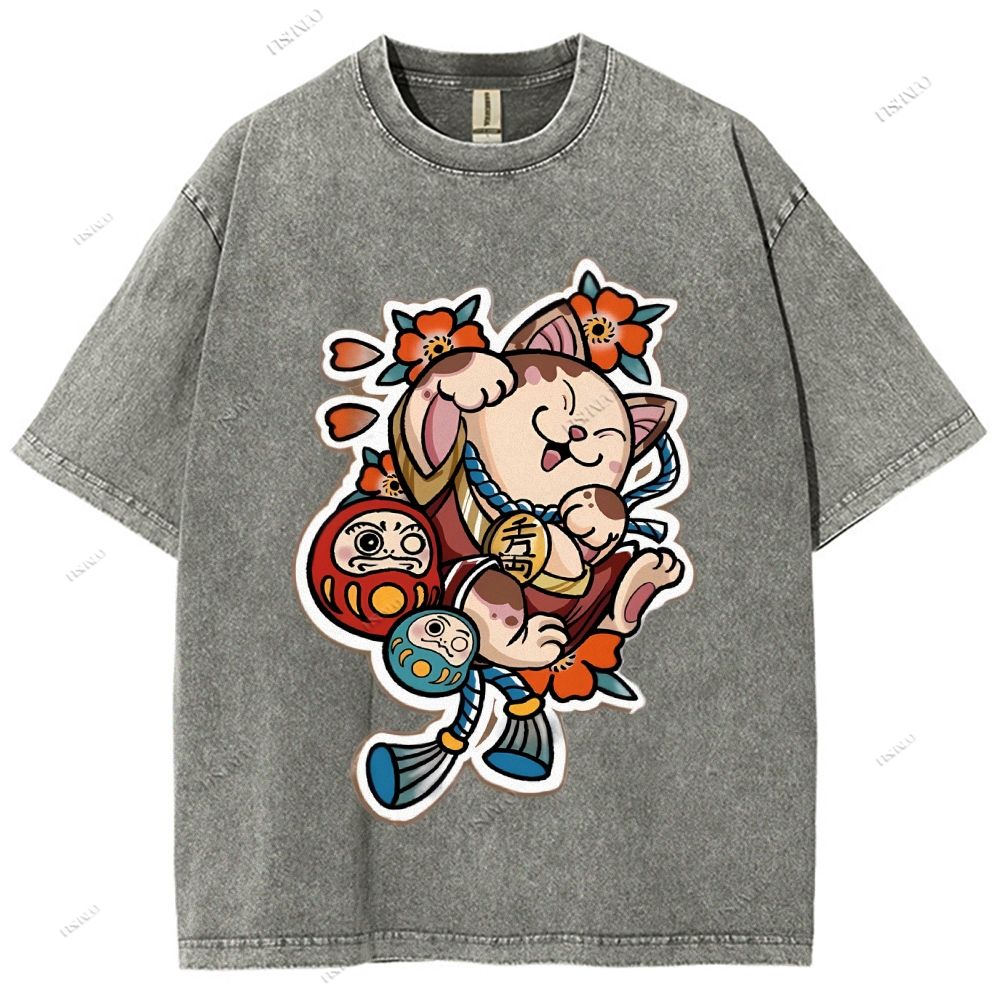 Unisex Japanese Art Bodhidharma Cat Printed Washed Tee