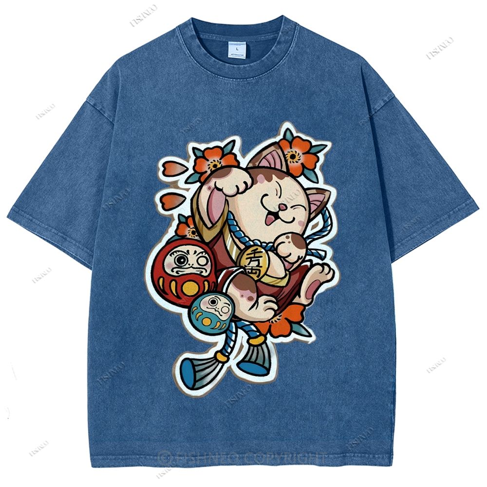 Unisex Japanese Art Bodhidharma Cat Printed Washed Tee