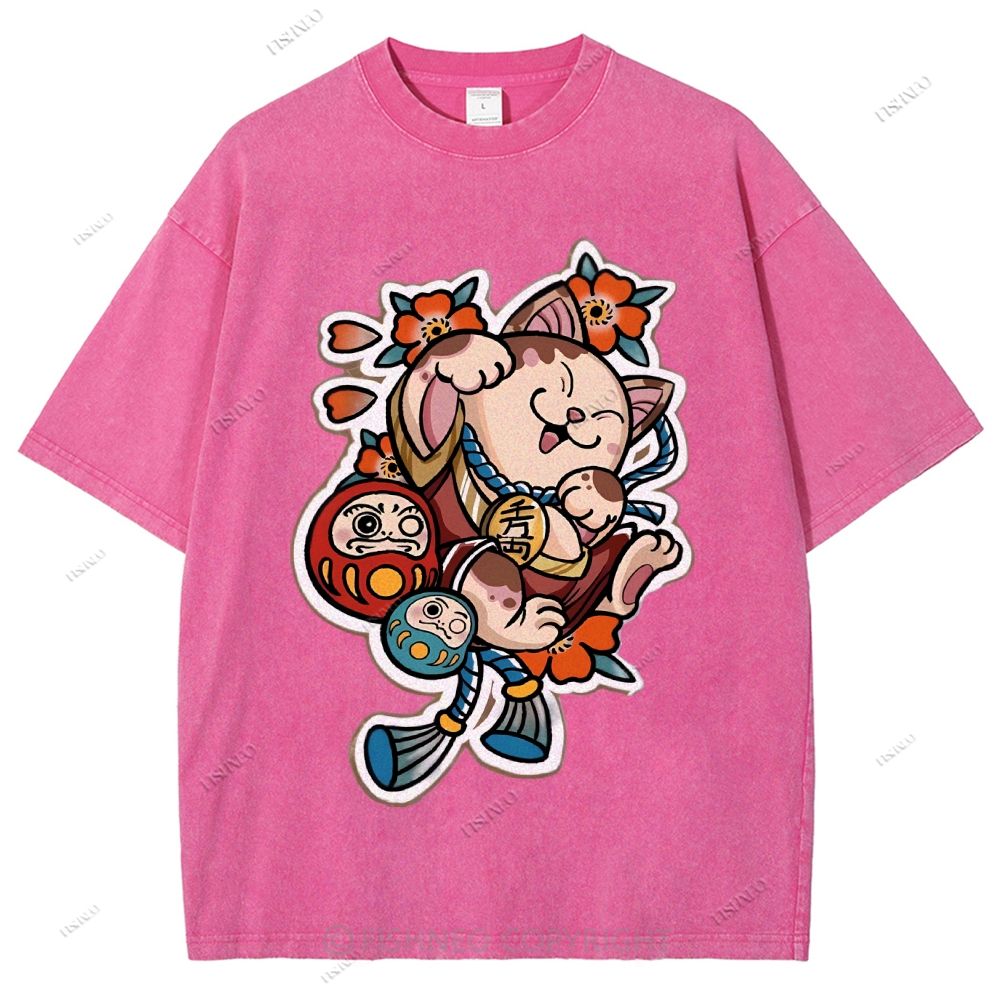 Unisex Japanese Art Bodhidharma Cat Printed Washed Tee