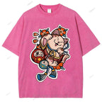 Unisex Japanese Art Bodhidharma Cat Printed Washed Tee