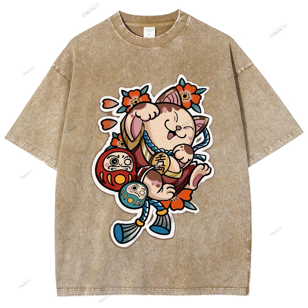 Unisex Japanese Art Bodhidharma Cat Printed Washed Tee