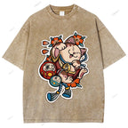 Unisex Japanese Art Bodhidharma Cat Printed Washed Tee