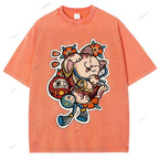 Unisex Japanese Art Bodhidharma Cat Printed Washed Tee