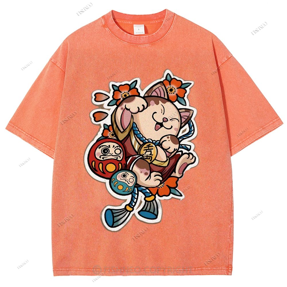 Unisex Japanese Art Bodhidharma Cat Printed Washed Tee