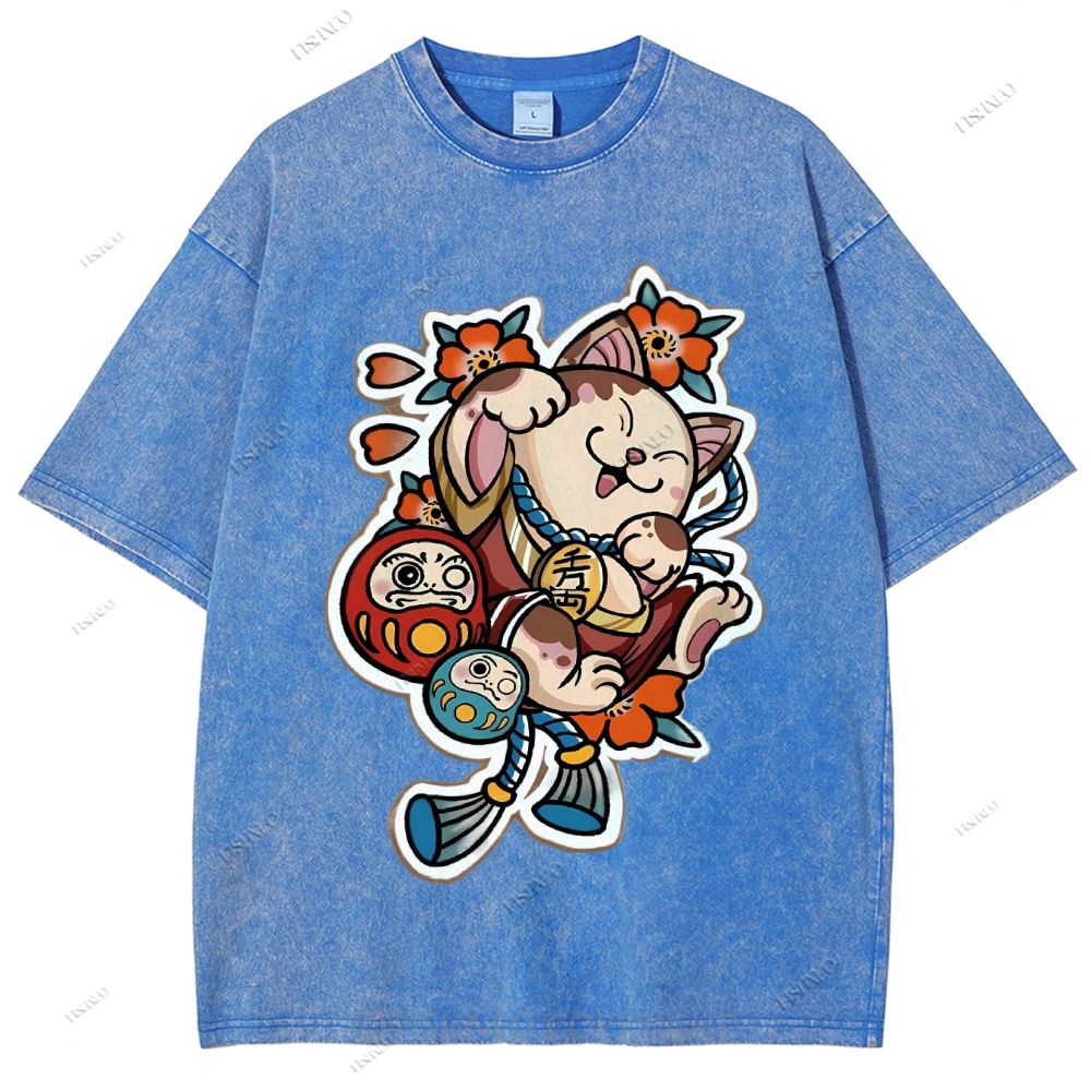 Unisex Japanese Art Bodhidharma Cat Printed Washed Tee