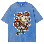 Unisex Japanese Art Bodhidharma Cat Printed Washed Tee
