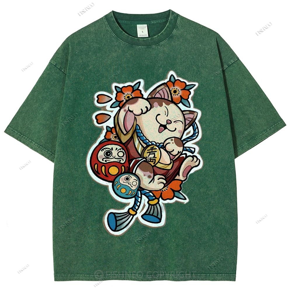 Unisex Japanese Art Bodhidharma Cat Printed Washed Tee