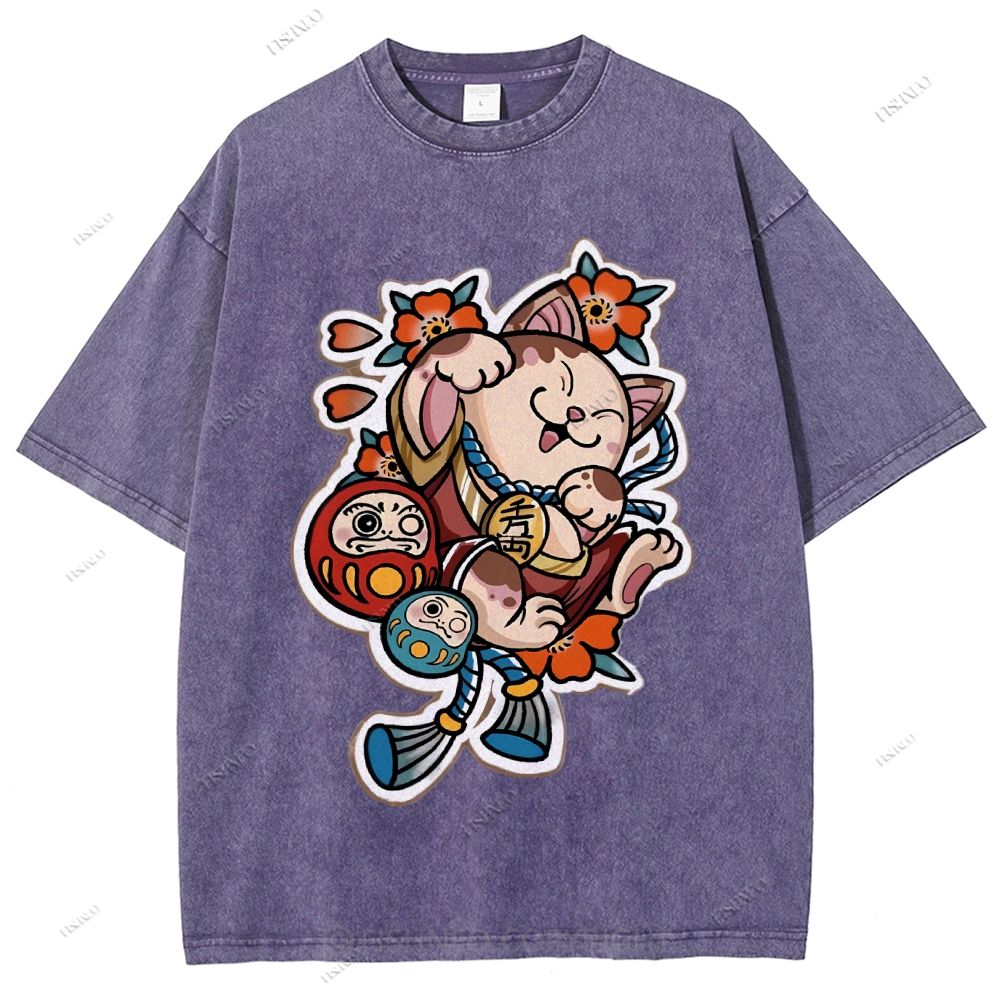 Unisex Japanese Art Bodhidharma Cat Printed Washed Tee