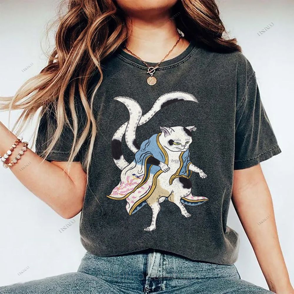 Unisex  Japanese Vintage Bogy Cat Printed Washed Tee