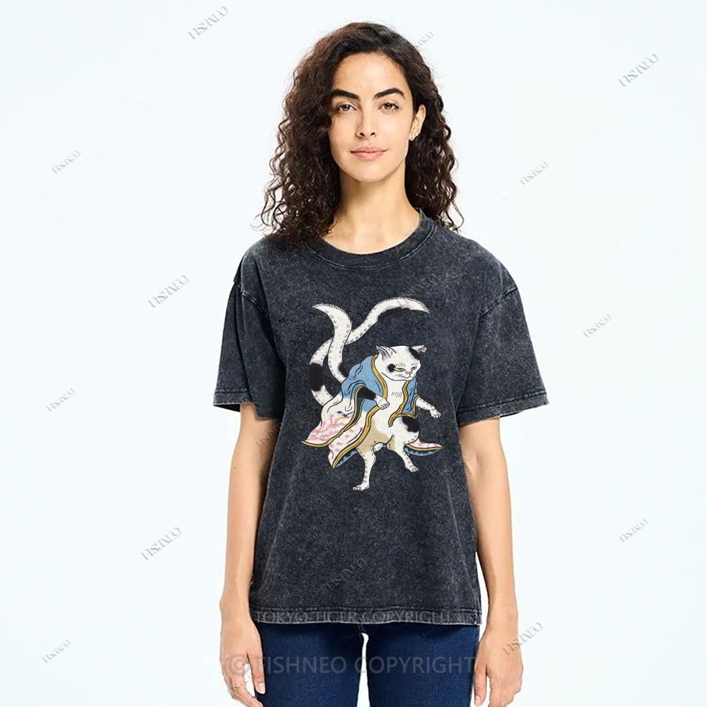 Unisex  Japanese Vintage Bogy Cat Printed Washed Tee