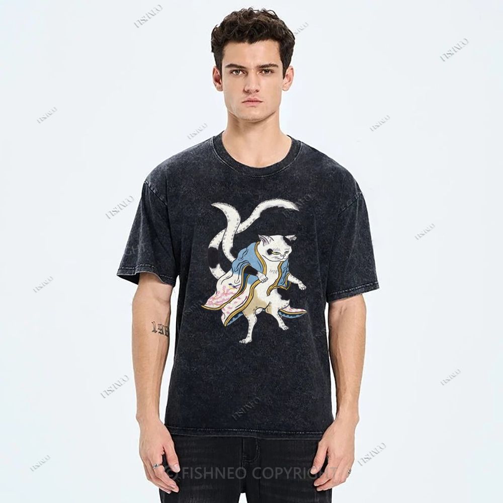 Unisex  Japanese Vintage Bogy Cat Printed Washed Tee