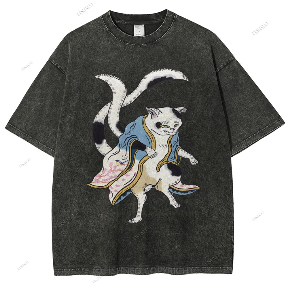 Unisex  Japanese Vintage Bogy Cat Printed Washed Tee