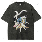 Unisex  Japanese Vintage Bogy Cat Printed Washed Tee