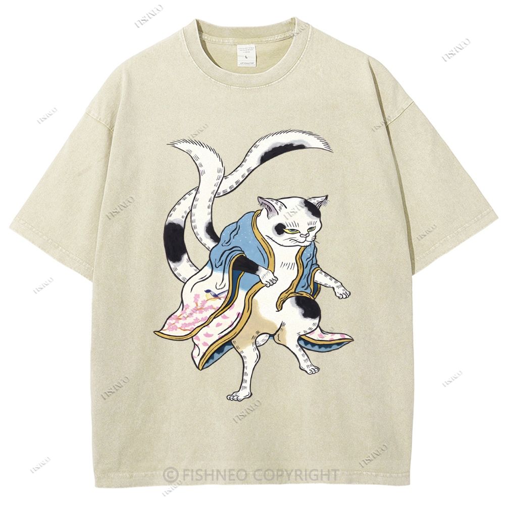 Unisex  Japanese Vintage Bogy Cat Printed Washed Tee