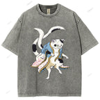 Unisex  Japanese Vintage Bogy Cat Printed Washed Tee